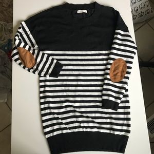 Stripped lightweight sweater with tan patch elbows